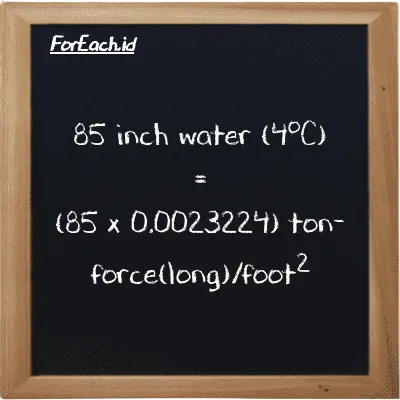 How to convert inch water (4<sup>o</sup>C) to ton-force(long)/foot<sup>2</sup>: 85 inch water (4<sup>o</sup>C) (inH2O) is equivalent to 85 times 0.0023224 ton-force(long)/foot<sup>2</sup> (LT f/ft<sup>2</sup>)